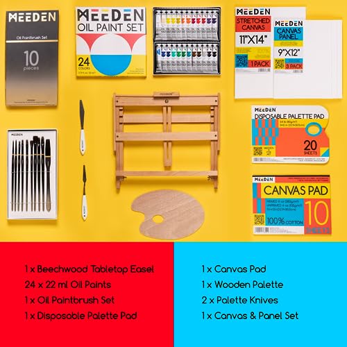 MEEDEN Oil Paint Set - 44pc Paint Kits for Adults with Beech Wood Tabletop Easel, Great Value Paints, Brushes & Canvas - Painting Kit for Beginners