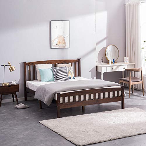 Wood Bed Frame Full Size with Headborad and Footboard Double Platform Bed with Wood Slat Brown Panel Bed with Extra Support, No Box Spring Needed,Walnut