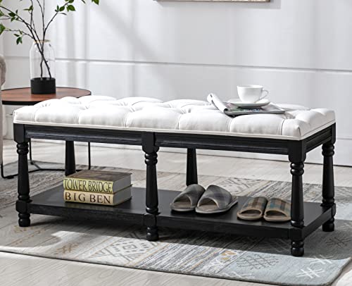 Kmax Storage Entryway Bench Tufted Shoe Rack Bench Wood Window Bench for Hallway Entrance Bedroom Corner, Beige