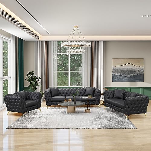 Modern 3-Piece Sofa Sets with Sturdy Metal Legs, Button Tufted Back, PU Upholstered Couches Sets Including Three Seat Sofa, Loveseat and Single Chair for Living Room Furniture Set, Black Sofas & Couch