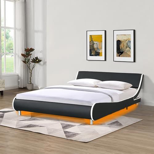 Luxury Queen Size Bed Frame with LED Light Headboard, Modern Upholstered Bed Frame Queen Size with Soft Headboard, PU Leather, Fully Upholstered Mattress Foundation,New (Black i, Queen)