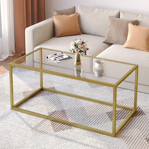 SAYGOER Gold Coffee Table Glass Coffee Tables Modern Rectangular Center Table with Open Space Minimalist for Living Room Home Office, Easy Assembly, 39.37 x 19.69 x 17.72, Gold…
