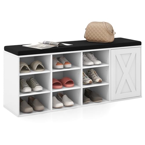 Tangkula Shoe Storage Bench with Padded Cushion, 3-Tier Entryway Bench with 9 Compartments, Adjustable Shelves, Closet, 9-Cube Shoe Organizer for Entryway, Hallway, Bedroom (White)