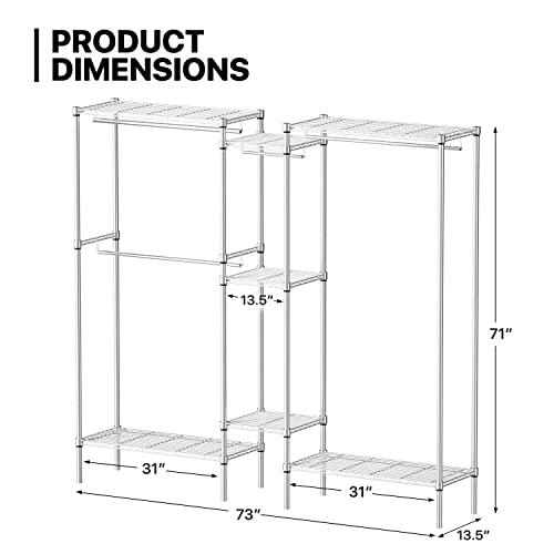 MoNiBloom Garment Racks for Hanging Clothes 7 Tiers Heavy Duty Clothes Rack for Hanging Clothes 77 Inch Large Clothing Rack Freestanding Closet with 4 Hanging Rod, Max Load 1000lbs, Silver