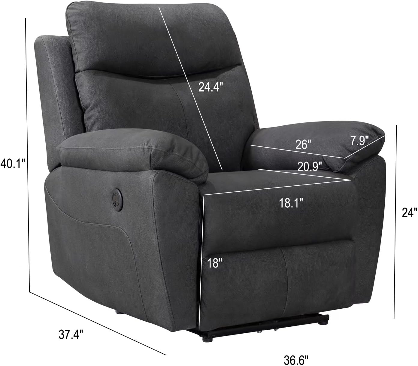 ICE ARMOR 99-6062-SGY Modern Power USB Port Electric Pillow Top Arms for Bedroom and Living Room Reclining Sofa Chair in Smoke Grey Finish