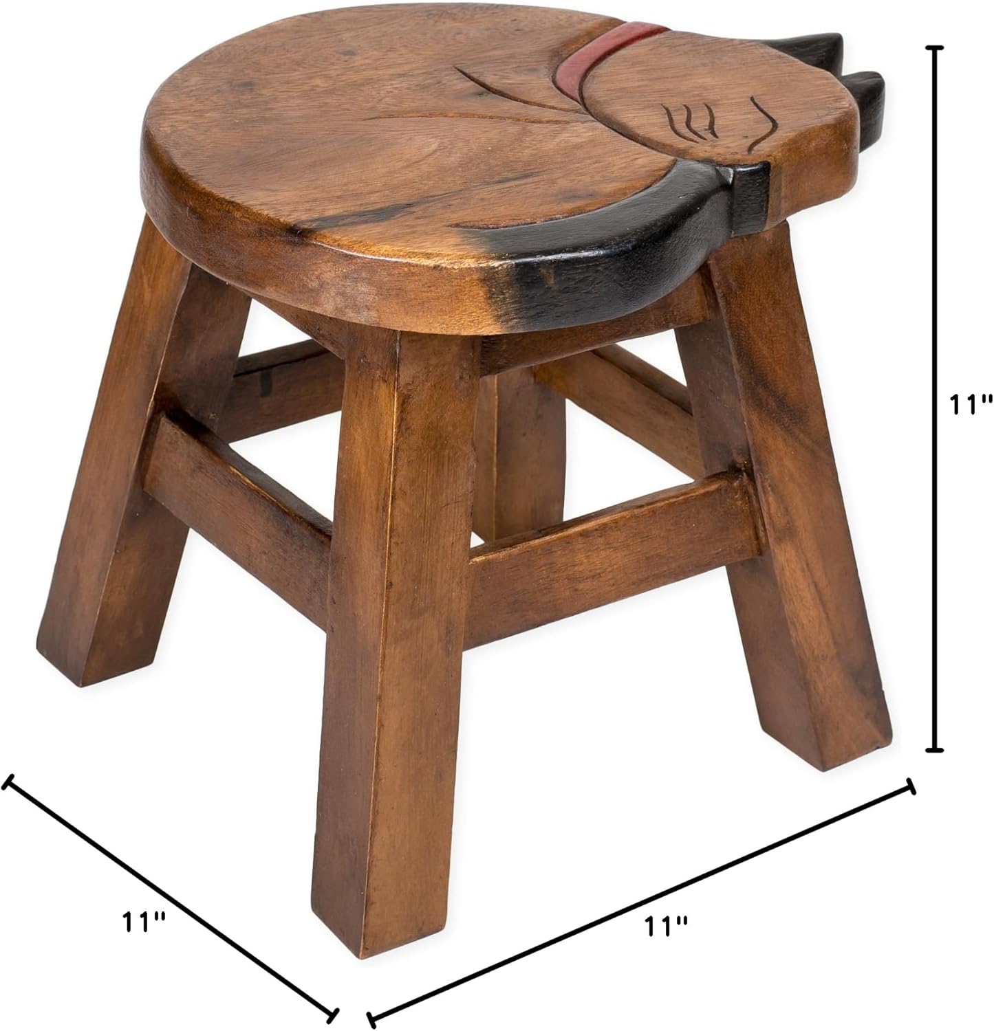 Sea Island Imports Sleepy Kitty Design Hand Carved Acacia Hardwood Decorative Short Stool