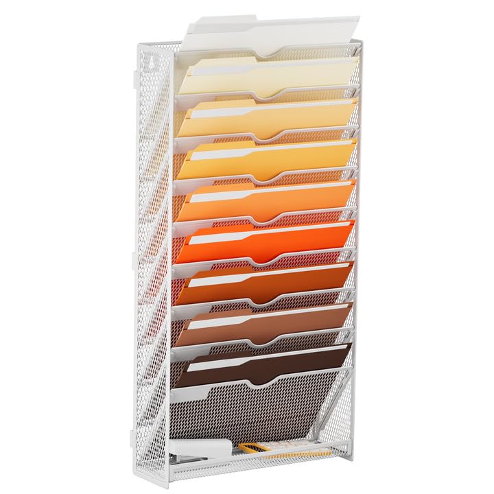 10-Tier Hanging File Organizer, Wall Mount File Holder for Mails Folders Papers Magazine Organization, Vertical Document Organizer for Office Home Black