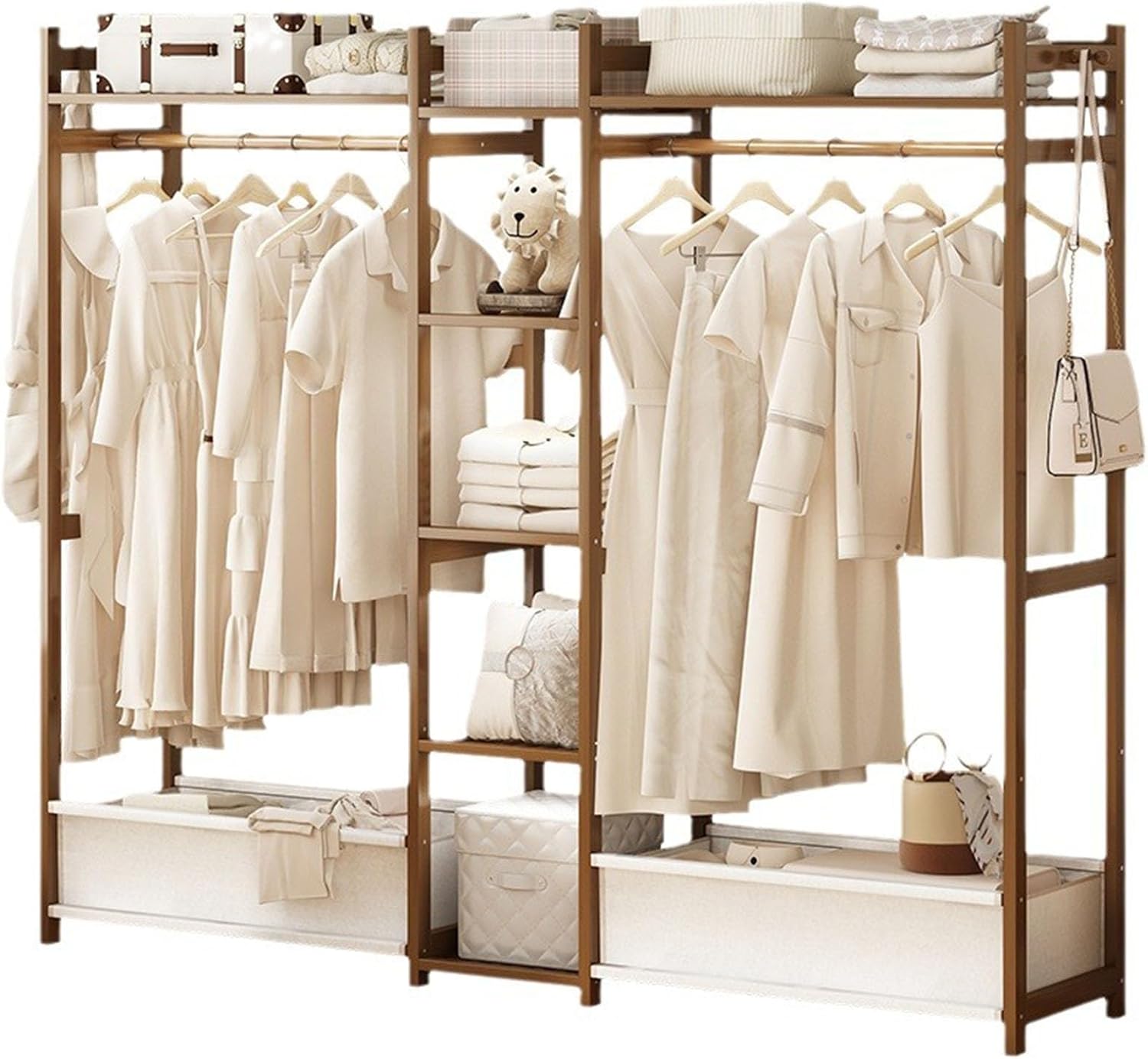 Bamboo Garment Rack, Free Standing Clothes Coat Hanger Rolling Closet Organizer with Shoe Rack Wardrobe Storage Shelves for Hall Living Room Bedroom Office