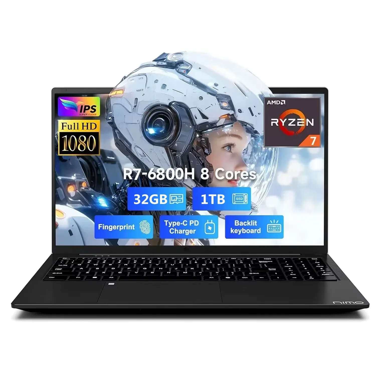 15.6" IPS FHD Gaming Laptop 8 Cores AMD Ryzen 7 6800H(Beat Intel i7-12700H, Up to 4.7GHz) 32GB DDR5 RAM 1TB SSD AMD Radeon 680M GPU-Computer 100W Type-C Backlit Keyboard Fingerprint Black