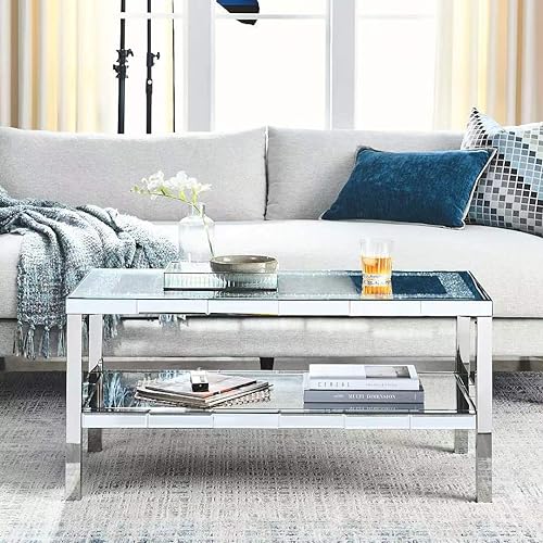 SSLine Modern Mirrored Coffee Table with 2 End Table Luxury 3-Piece Living Room Coffee End Table with Silver Mirror Finish & Shiny Diamond Decor Top 2-Tier Rectangle Center Table and Round Side Table