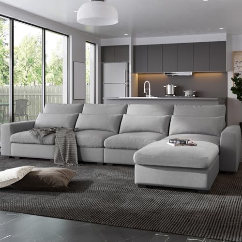 129.9'' Cloud Modular Large L-Shape Feather Filled Sectional Sofa, Extra Deep Couch with Reversible Chaise, 5 Seater Living Room Sofa Couch (Dark Grey)