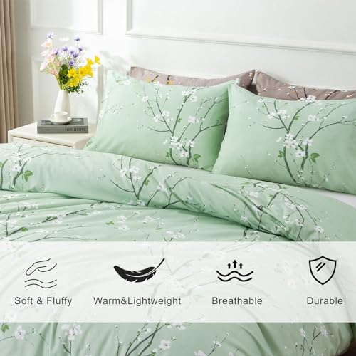 EAVD Garden Style Small Floral Comforter Set Queen Fluffy Soft Microfiber Chic Shabby Floral Bedding Set with 2 Pillowcases Reversible Cute Botanical Comforter Set for All-Season