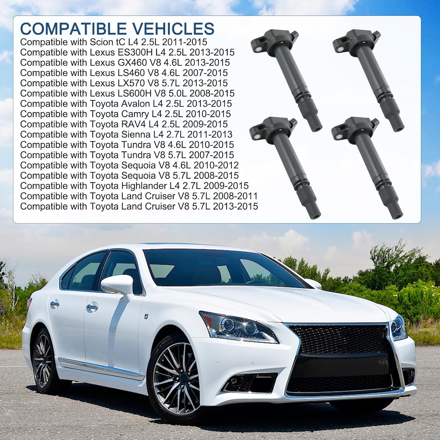 Set of 4 Ignition Coil Pack & Spark Plug Compatible with Lexus ES300H GX460 LS460 LS600H LX570 Toyota Avalon Camry RAV4 Highlander Sienna L4 2.7L Replace# UF507, C1596, 6731309, 50236, 5C1653