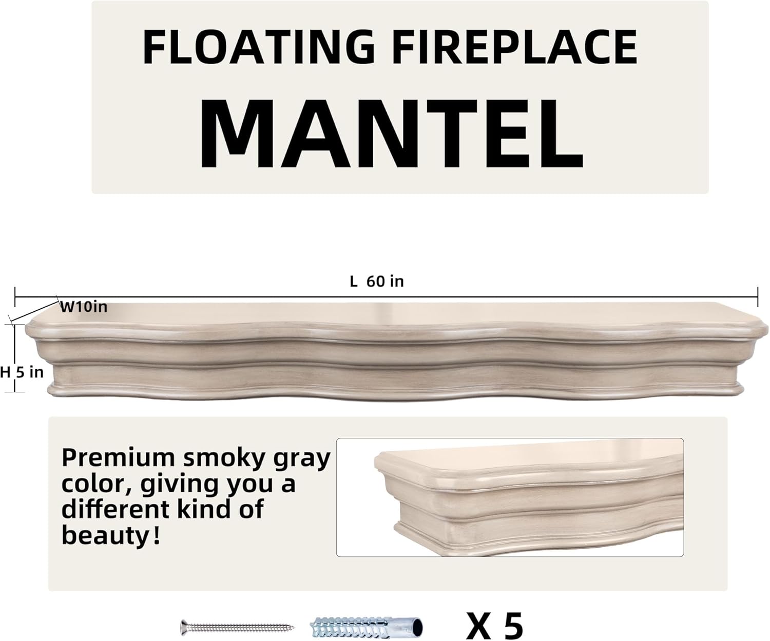 Fireplace Mantels, Solid Rustic Wood Floating Mantel Shelves, Wall Mounted Farmhouse Shelf Handcrafted Mantle Decor Beam with Invisible Metal Bracket (60in, Grey)