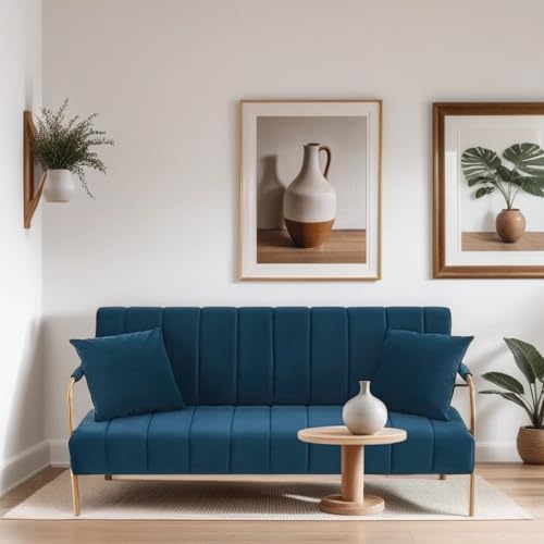 Loveseat Sofa Couchs, 61 Inch Upholstered Velvet Modern 2 Seater Couch for Small Space, Comfy Futon Sofa Furniture with Golden Metal Legs for Bedroom, Apartments (Beige)