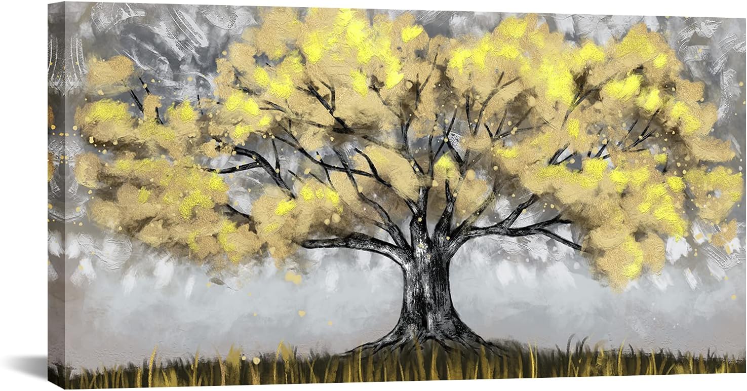 RyounoArt Yellow Tree Painting Canvas Wall Art Yellow and Gray Wall Decor Picture Abstract Tree Artwork Print for Living Room Office Framed Ready to Hang 24