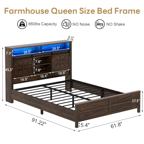 Farmhouse LED Queen Size Bed Frame with Storage Bookcase Headboard w/Sliding Barn Door, Rustic Wood Platform Storage Bed w/LED Lights&Charging Station, No Box Spring Needed, Brown
