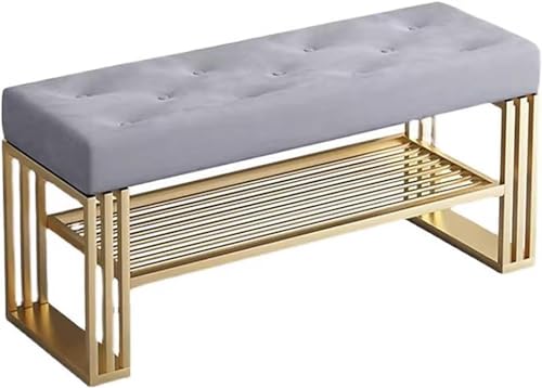 Entrance Bench with Shoe Storage, Gold Metal Shoe Rack with Velvet Seat Cushion, 2 Layers Narrow Hallway Bench Indoor
