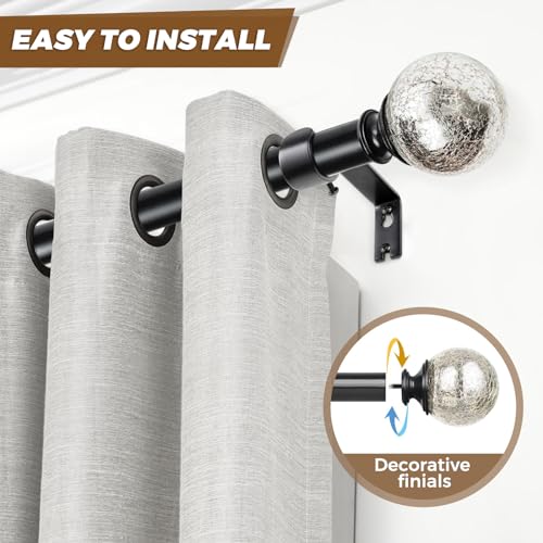 KAMANINA Black Curtain Rods for Windows 72 to 144 Inches (6-12 Feet), Long 1 Inch Curtain Rod Heavy Duty Drapery Rods with Crackle Glass End
