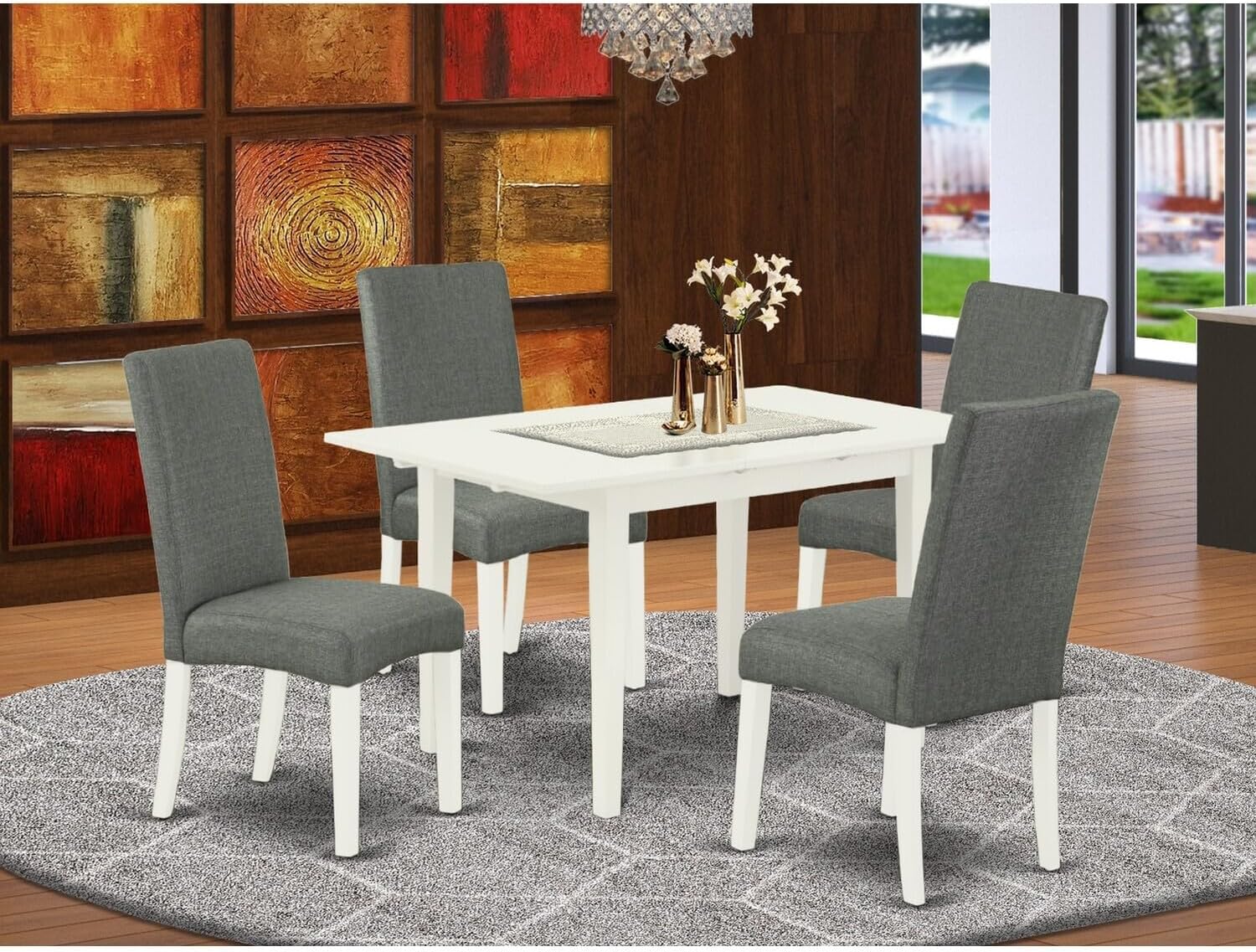 Renaissance Rhapsody 5-Piece Wooden Dining Table Set - 4 Dining Chairs with High Back and Upholstered Seat and Butterfly Leaf Dining Table and 4 Legs - Linen White Finish