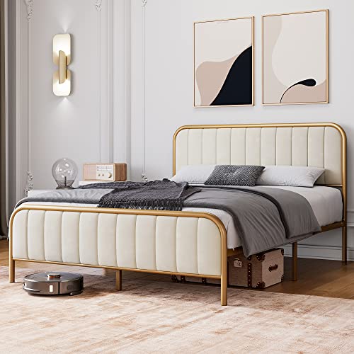Full Size Upholstered Velvet Metal Bed Frame with Tufted Headboard, Modern Platform Bed Frame No Box Spring Needed, Heavy Duty, Easy Assembly, Green Golden