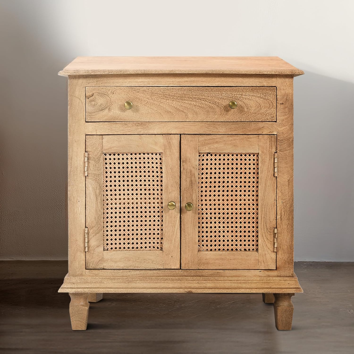 The Urban Port 30 Inch Nightstand Table, Rattan Cabinet Doors and Drawer Fronts, Sandblasted Brown Mango Wood