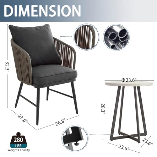 3 Pieces Patio Set Outdoor Wicker Small Patio Balcony Chairs Set Rattan Conversation Furniture Sets for Backyard, Balcony and Apartment with Side Table (Brown Table)