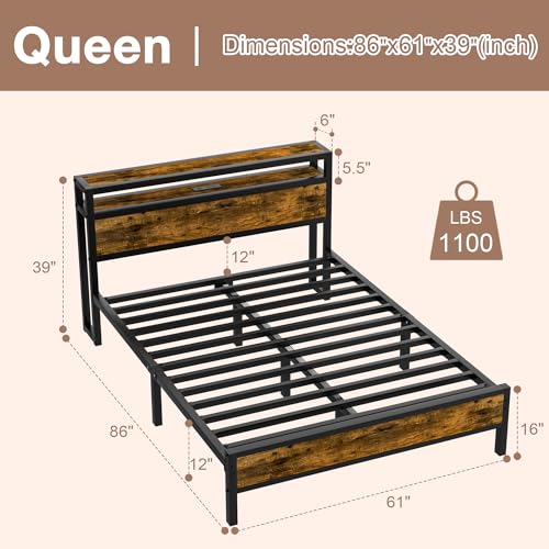 King Size Bed Frame Industrial Platform Bed with Charging Station 2-Tier Storage Headboard and Strong Support Legs, Noise-Free, No Box Spring Needed, Vintage Brown