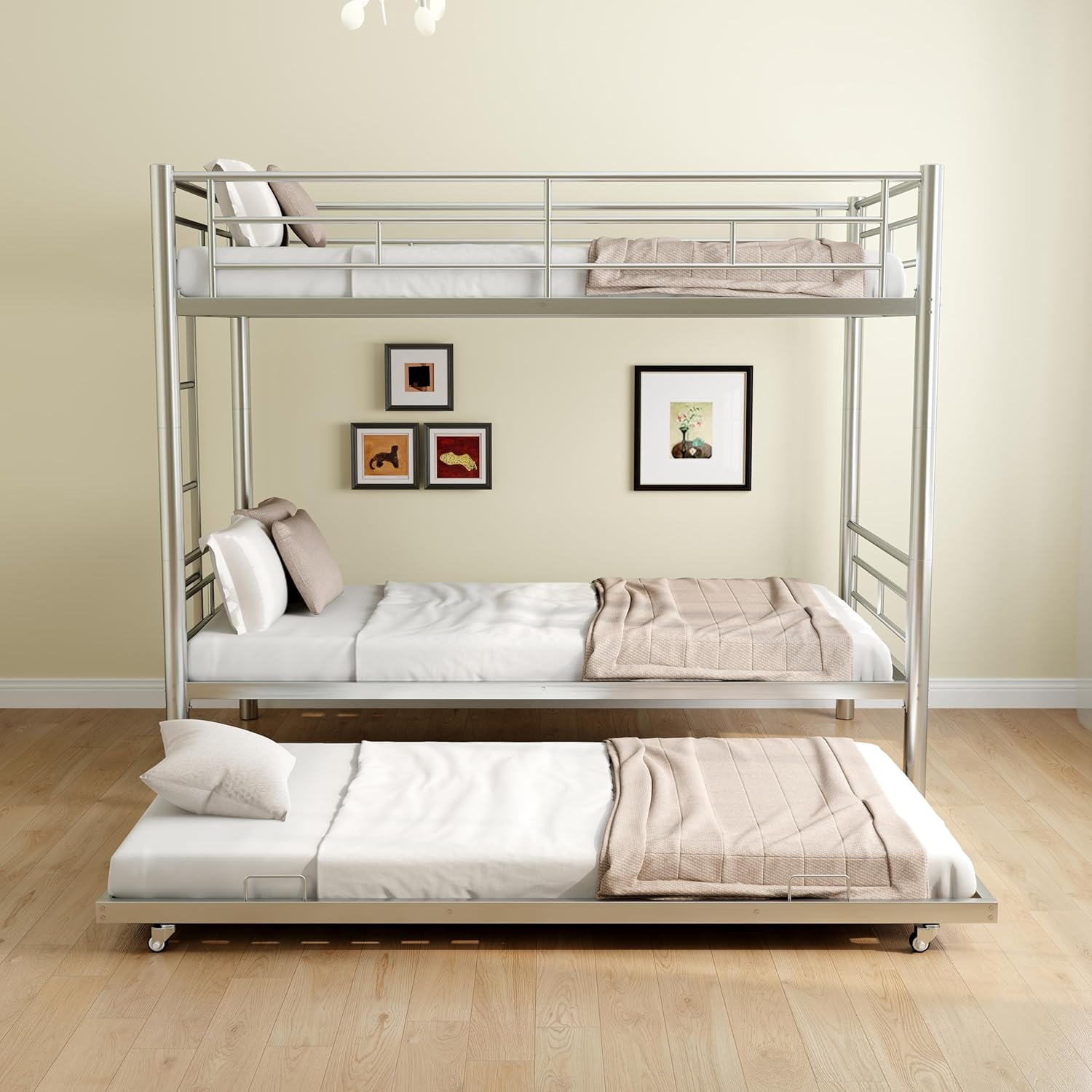 Heavy-Duty Metal Bunk Bed with Trundle, Twin Over Twin Bedframe with Ladder & Safety Guardrail, Convertible 2 Beds, Maximize Space Saving, No Box Spring Needed, Noise-Free, Silver