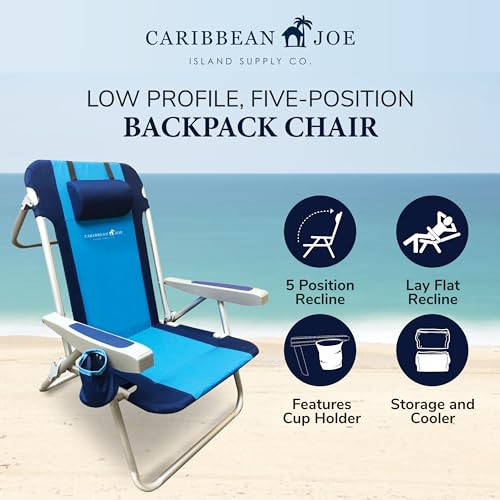 Folding Beach Chair, 5 Position Portable Backpack Foldable Camping Chair with Headrest, Cup Holder, and Armrests, Navy/Blue