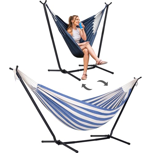 SUNCREAT 2-in-1 Outdoor Patio Hammock with Stand, Large Fluffy Pillow, Free Standing Double Hammock, Patent Pending, Dark Gray