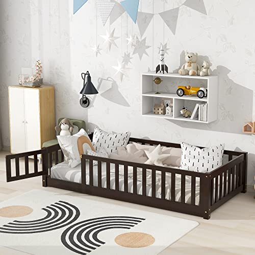 Dolonm Queen Size Montessori Bed, Toddler Floor Bed for Kids, Floor Platform Bed with Fence Guardrails and Door, Montessori Floor Bed Frame, Wooden Floor Bed Toddler, Natural