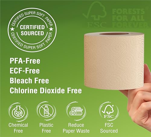 48 Bulk Premium Unbleached Bamboo Toilet Paper, Plant-Based, PFAS Free, 3PLY & 300 Sheets, FSC Certified, Organic Brown, Chlorine Free, Plastic Free, BPA Free,Toilet Tissue (48)