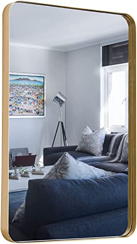 24 x 36 Inch Gold Bathroom Mirror, Rectangle Bathroom Mirror for Over Sink - Metal Framed Bathroom Vanity Mirror for Wall Decorative, Large Rounded Corner Entryway Mirror