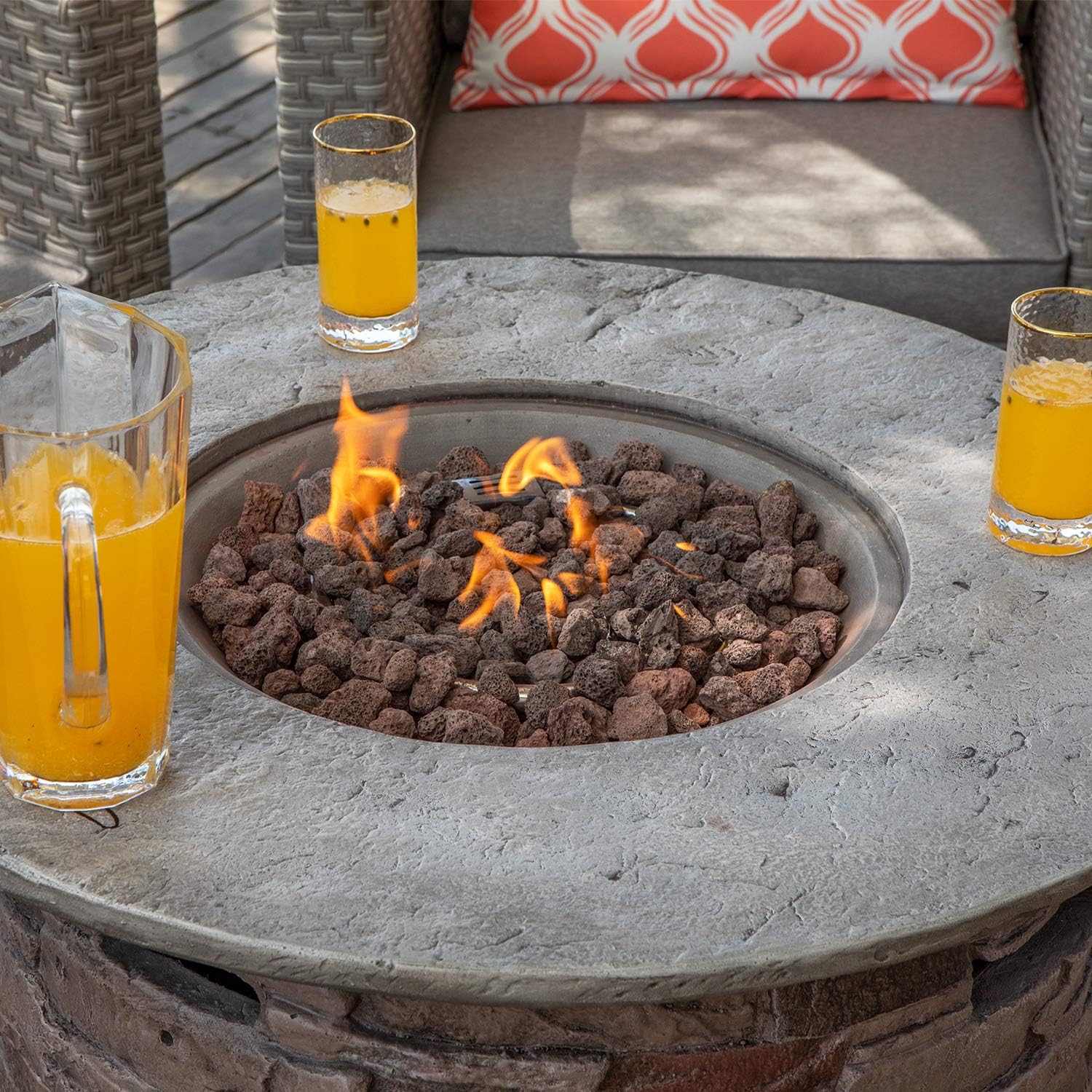 COSIEST 5-Piece Stone Imitation Fire Pit Outdoor Furniture Sectional Sofa, Gray Wicker Red Pillows Conversation Set, 4 Chairs w 32-inch Round Fire Table (40,000 BTU) for Garden, Pool, Backyard