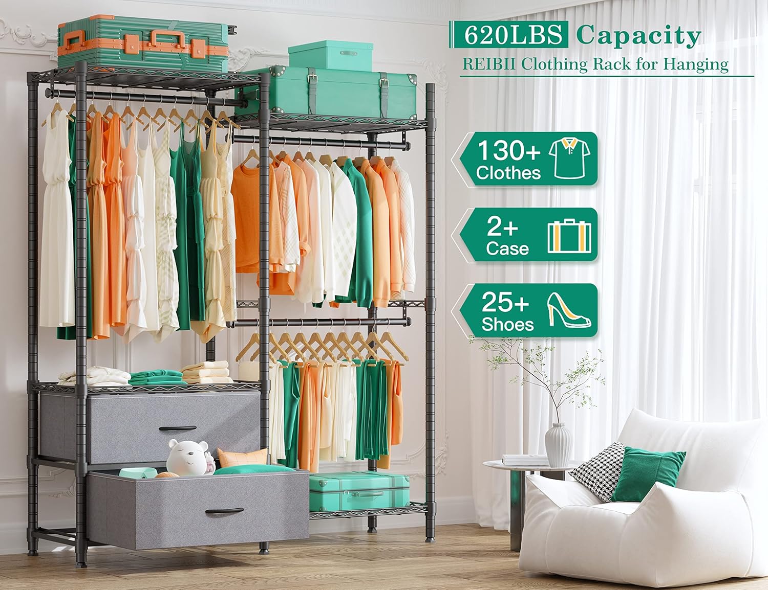 REIBII Clothes Rack Heavy Duty Clothing Rack Load 620LBS Clothing Racks for Hanging Clothes Adjustable Portable Clothes Rack Garment Rack Free Standing Wardrobe Closet