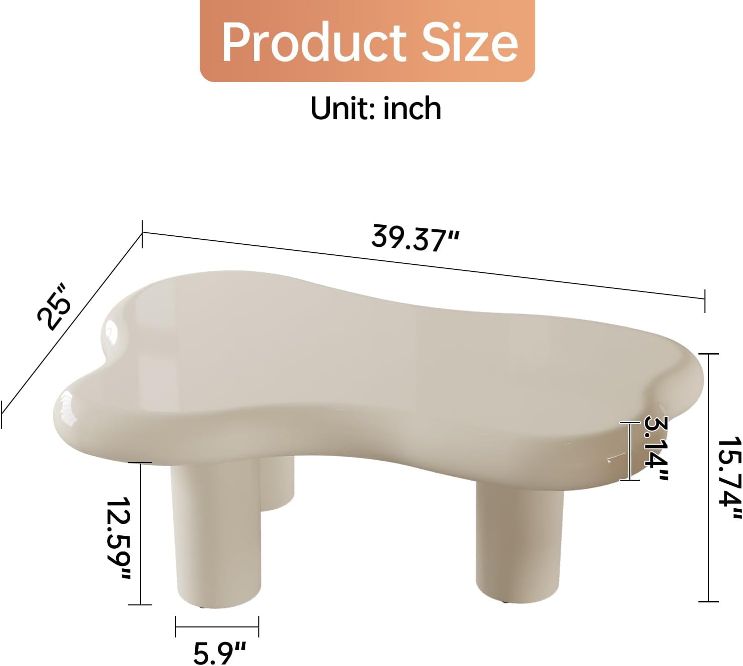 Irregular Shape Coffee Table with 3 Legs,Modern Cream White Center Table,Indoor Cartoon Tea Table for Living Room, Home Office,Bedroom,Easy Assembly