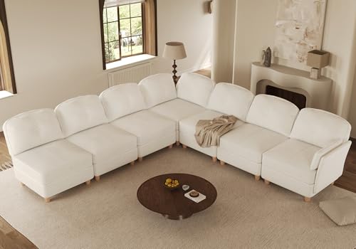 LLappuil Oversized Modular Sectional Sofa L Shaped Couch with Storage, Corner Cloud Sofa with Reversible Chaise, 113.5 in Width, 7 Seat Sofa, Teddy Velvet, Beige