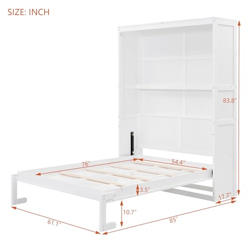 Full Size Murphy Bed Wall Bed with Shelves, Wood Murphy Bed Wall Bed Folding Wall Bed for Home Office or Small Room, White