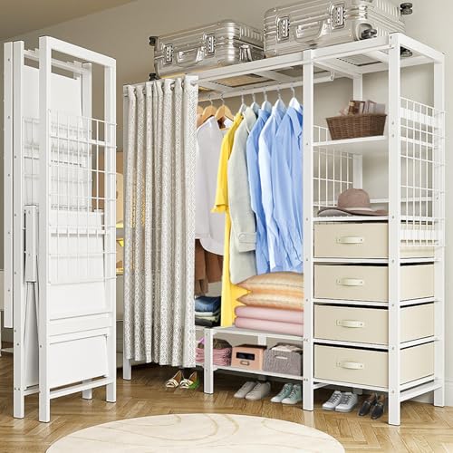 Foldable Clothing Rack with With 4 Drawers And 6 Shelves, Portable Closet Wardrobe, Heavy-Duty Metal Clothes Organizer Rack With Cover, Garment Rack for Cloakroom/Bedroom, Loads 1200LBS (150cm/59in)