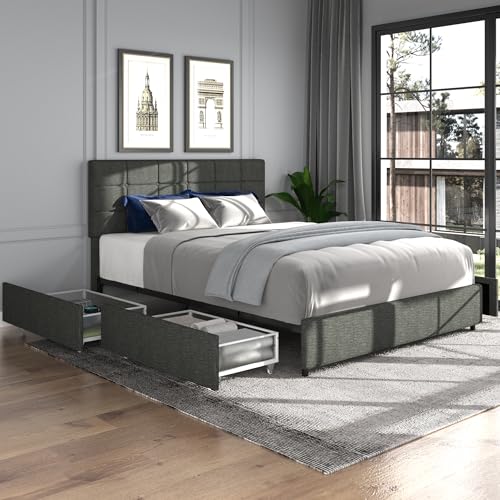 Full Size Linen Upholstered Platform Bed with One Large Storage Drawer in The Footboard and Drawer on Each Side,Noise-free Bed Frame,No Box Spring Needed, Easy Assembly, Gray
