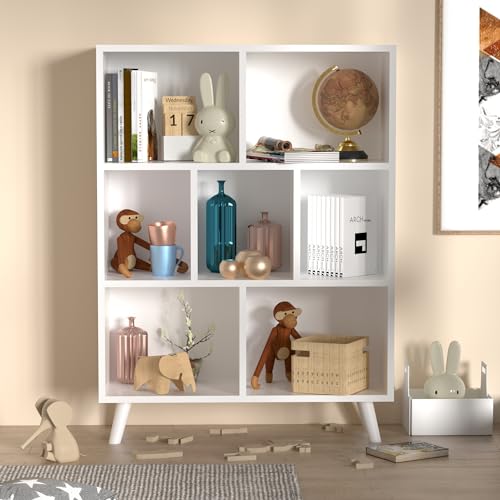 Oak Mid-Century Modern 3-Tier bookshelf, 7 cube Wood Bookcase with legs, Minimalist kids bookcase for Bedroom, Living Room, 31.4