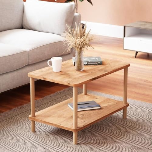 Rectangular Small Coffee Table for Living Room Centerpiece, Modern Wooden 2 Tier Cocktail Table with Open Shelf for Small Places, Home and Office Clearance (Natural)