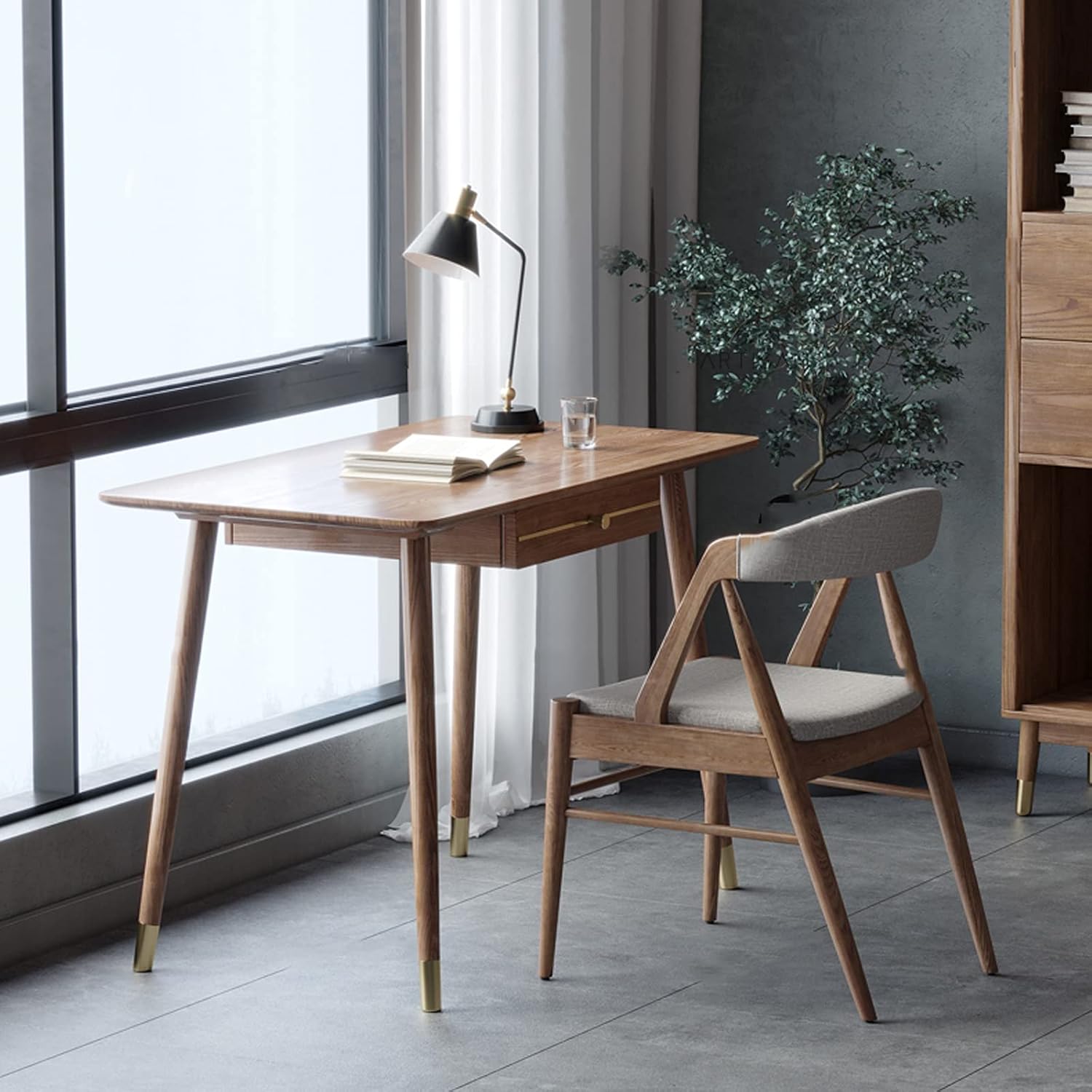 Solid Writing Desk Elegant Wooden Desk Home Desktop PC Desk with Drawer Modern Simple Style Ash Wood Studying Writing Desk Workstation, Brass Feet PC Table Study Table