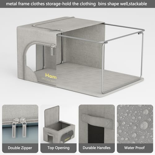 3 Packs Storage Boxes for Clothes Collapsible Storage Bins with Cedar Wood Piece, Linen with Metal Supports and Durable Handles Metal Storage box,Clear Window with Zippers (Light Grey,24L)