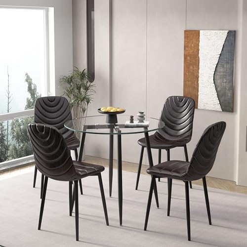 Modern 5-Piece Round Glass Dining Table Set with Faux Leather Chairs - Space-Saving Kitchen Furniture for Small Apartments (Table Only)
