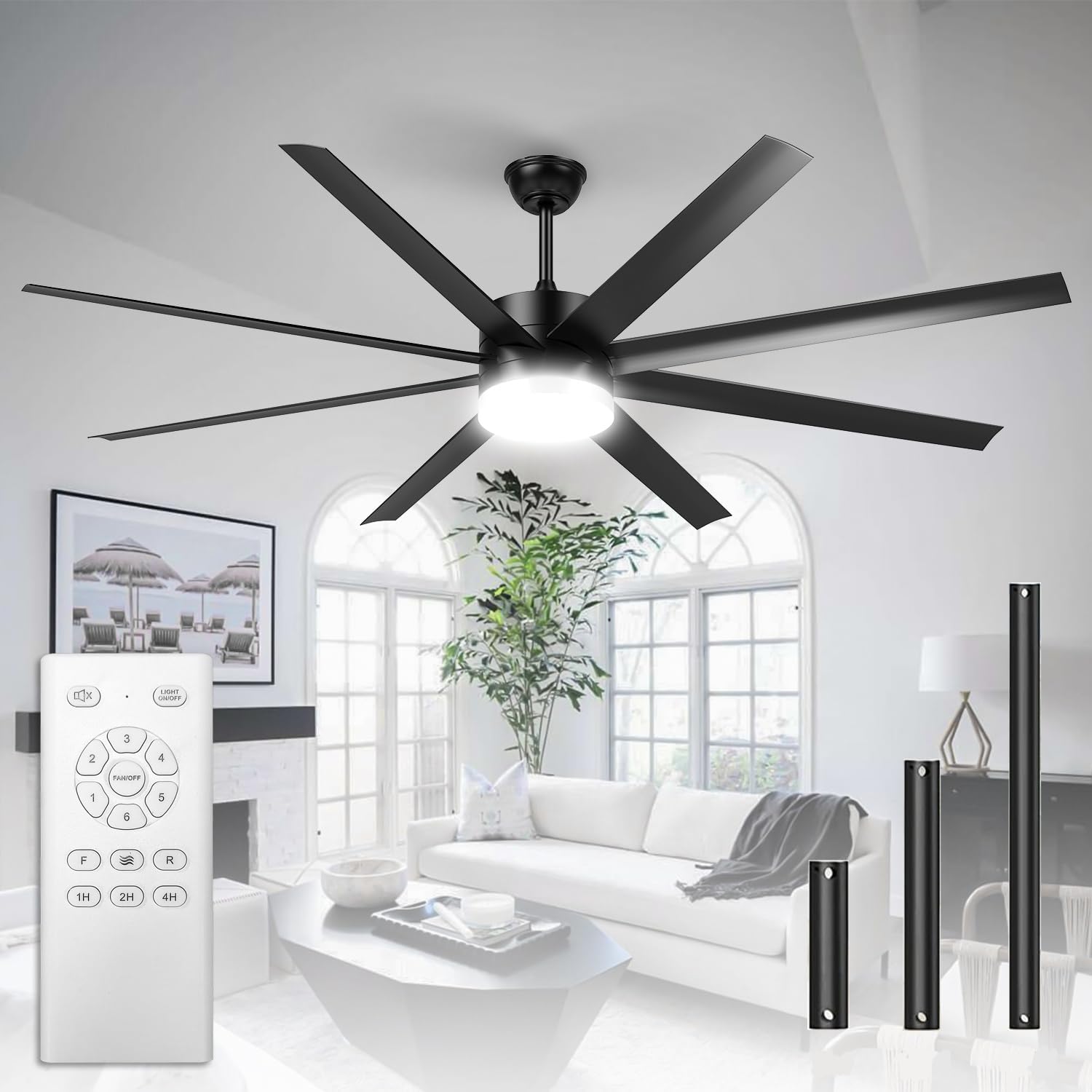 Industrial Ceiling Fan with Light, 64-inch Large Black Ceiling Fan with Remote, 3 Color Temperatures, 6 Speeds, Silent Reversible DC Motor for Farmhouse, Bedroom, Living Room