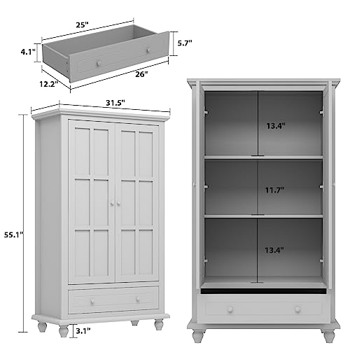 Hitow Tall Bookshelf White Bookcase with Glass Doors, Wooden Display Cabinet with 4-Tier Shelf & 2 Drawers, Pantry Cabinet for Home Office, Living Room, White (31.5”W x 15.7”D x 70.1”H)