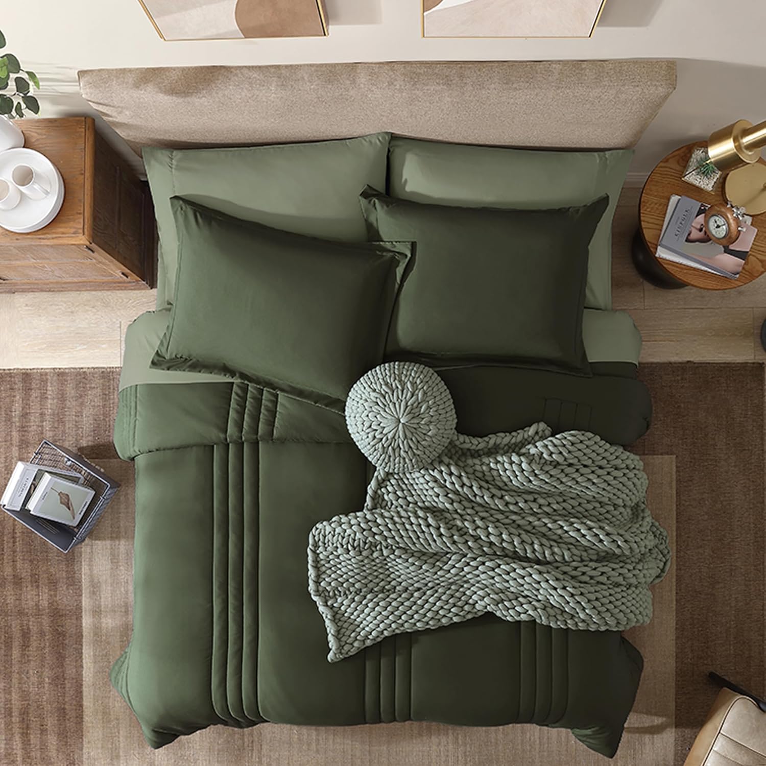 Monbix Queen Comforter Set - 7 Pieces Olive Green Bed in a Bag Queen Bedding Sets with Comforters, All Seasons Down Alternative Comforter Bed Set with Sheets, Pillowcases & Shams