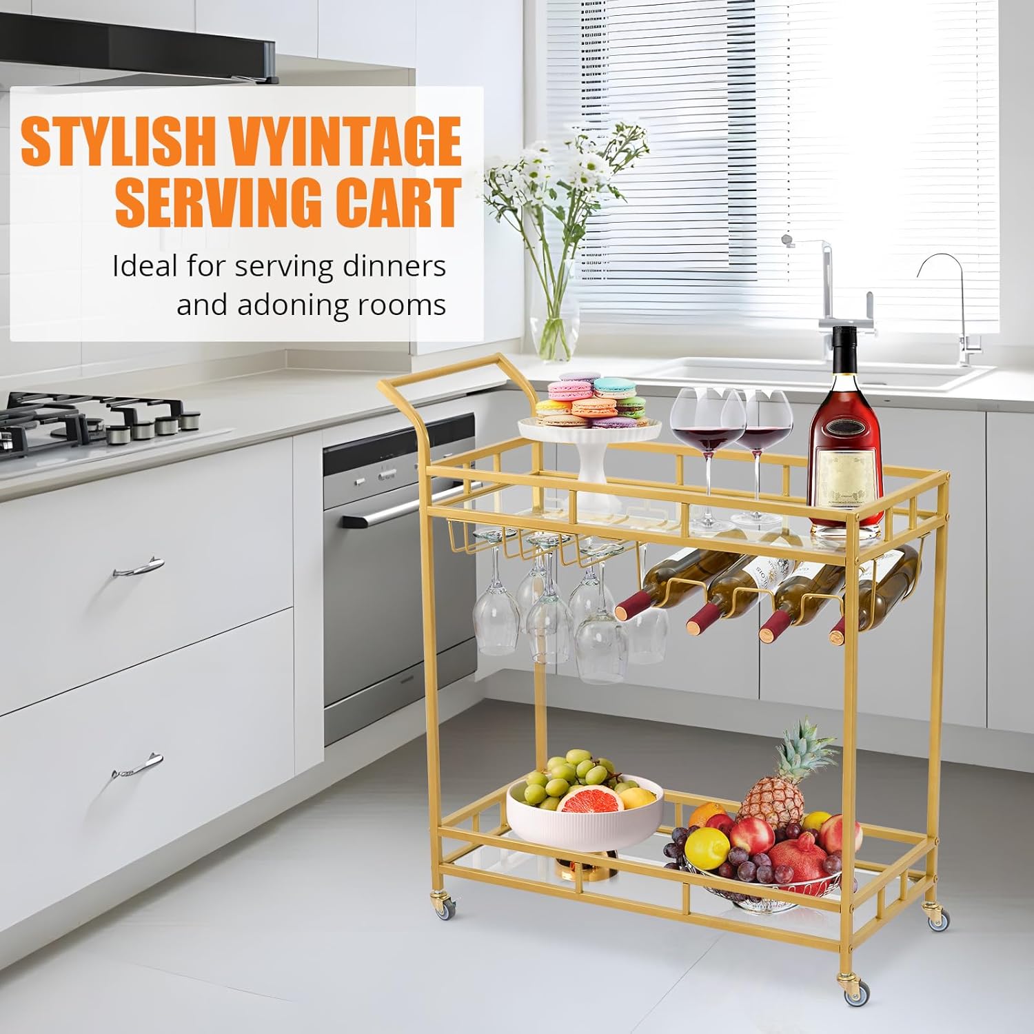 Bar Cart Gold, 2 Tiers Home Bar Serving Cart on Lockable Wheels, Rolling Alcohol Cart with Mirrored Shelves Guardrail Wine Rack, Modern Wine Cart for Home Kitchen Dining, Living Room, 35.4